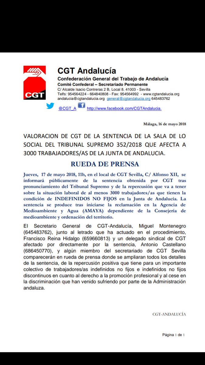 javibotin's tweet photo. VALORACION DE CGT DE LA SENTENCIA DE LA SALA DE LO SOCIAL DEL TRIBUNAL SUPREMO QUE AFECTA A 3000 TRABAJADOR@ JUNTA DE ANDALUCIA.

RUEDA DE PRENSA

Jueves,  17 de mayo 2018, 11h, en el local de CGT Sevilla, C/ Alfonso XII,se informará públicamente de la sentencia obtenida por CGT. https://t.co/G2yGfMN0pu