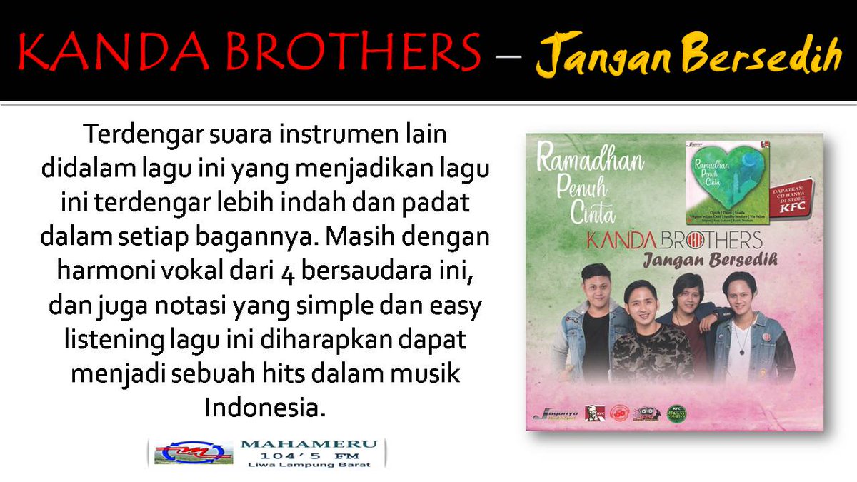 #JanganBersedih Kembali direkam dan dirilis @kandabrothers dengan Style Berbeda dari Versi Sebelumnya | <a href="/GEDEProduction/">GEDE Production</a> <a href="/_gotre/">gotre</a> <a href="/RickyKanda/">Ricky Yurama</a> <a href="/gerrykanda/">Gerry Febrianda</a> <a href="/aldykanda/">Aldy Kanda</a> <a href="/dannakanda/">danna saputra</a>
mahamerulambar.com/2018/05/jangan…