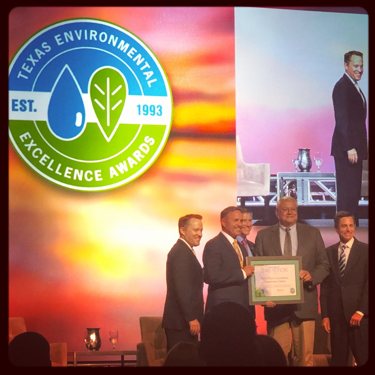 NorthPlainsGCD's tweet photo. North Plains GCD Board President, Harold Grall, and Vice President, Danny Krienke, accepted TCEQ’s 2018 Texas Environmental Excellence Award for Agriculture for our Master Irrigator Program tonight in Austin. #TCEQ #TEEA #NPGCD #waterconservation #agriculture #txag #Texas https://t.co/IJeC8GwLa1