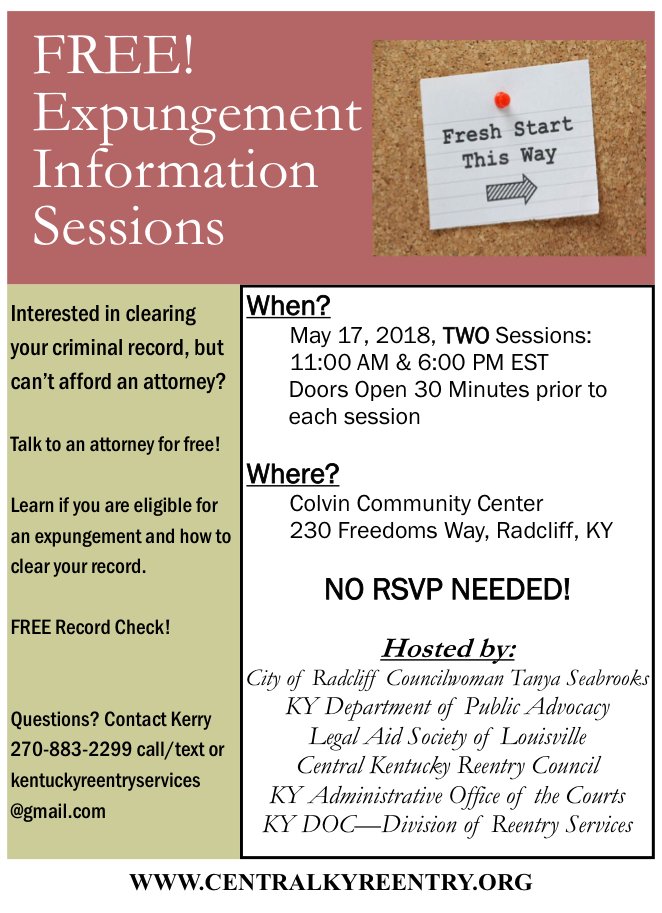 KYCleanSlate's tweet image. Expungement session coming up in Radcliff, KY!