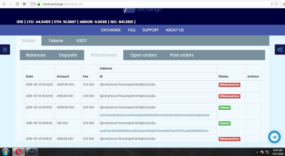 krad858's tweet photo. @StocksExchangeR XSH shield coin withdrawal, stuck in WITHDRAWAL ERROR. I tried to split the withdrawal amount some of them  complete withdraw status and some are withdrawawal error notice. pls help ticket # 31808 😭😢 https://t.co/zis60L9ol2