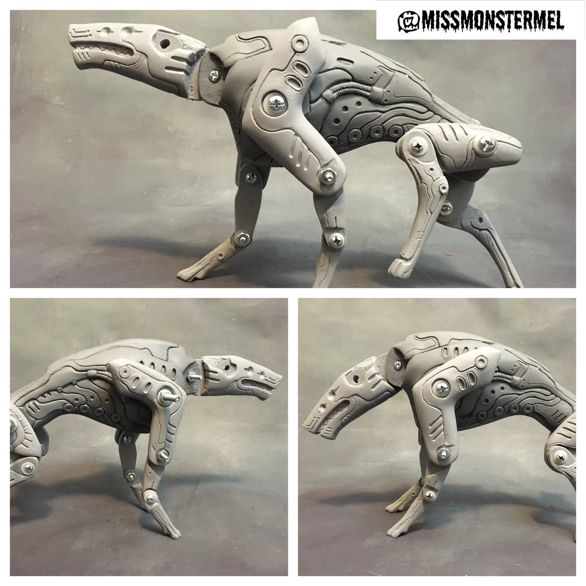 missmonstermel's tweet photo. Finally finished all the molds for this guy and I’m happy to report he can hold decent poses. Just missing the ears! They will be available as kits and as finished pieces soon. More pics and details forthcoming ! #missmonster #missmonstermel #robodoggo #arttoy #articulated #robot https://t.co/AW7Y9arVbI