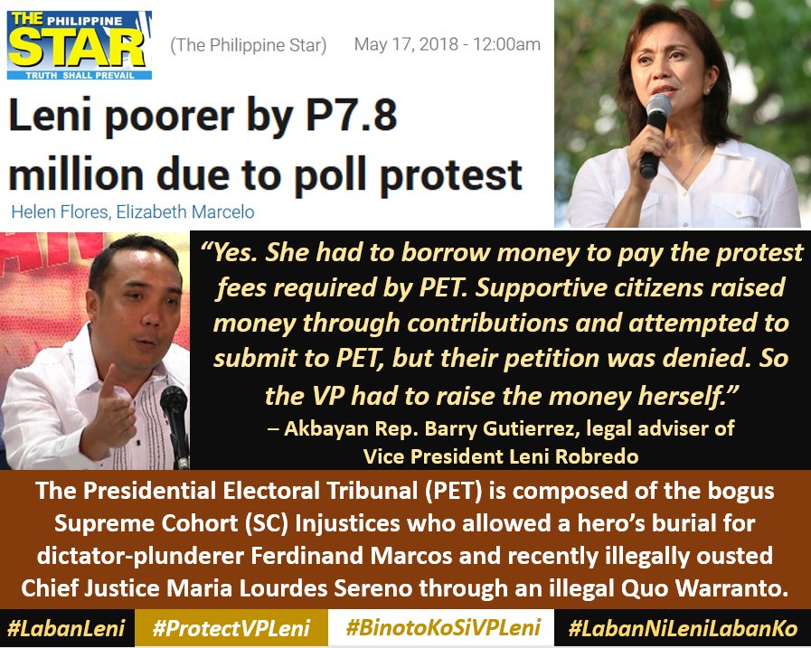 VeritasDfendere's tweet photo. PET is composed of the bogus #SupremeCohort (SC) Injustices who allowed a hero’s burial for dictator-plunderer Ferdinand Marcos and recently illegally ousted CJ Maria Lourdes Sereno through an illegal Quo Warranto.

#LabanLeni
#ProtectVPLeni
#BinotoKoSiVPLeni
#LabanNiLeniLabanKo https://t.co/6cWAjQajX4