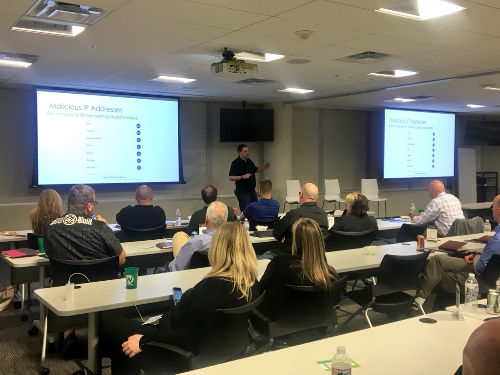 CourtMargossian's tweet photo. “84% of malicious IPs represent spam and scanners.” Are you ready for an attack? Do you feel protected? @Webroot shares scary, real stats to attendees at #msproundtable https://t.co/ZY6GO1svF3
