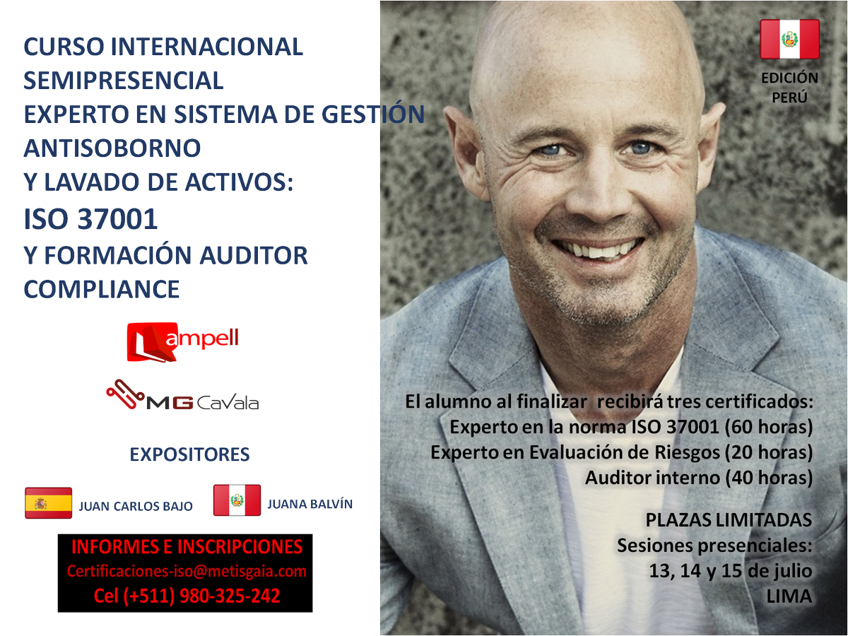 NewsCompliance's tweet photo. CURSO INTERNACIONAL EN LIMA SEMIPRESENCIAL. EXPERTO EN SISTEMA DE GESTIÓN ANTISOBORNO Y LAVADO DE ACTIVOS: ISO 37001 
Y FORMACIÓN AUDITOR COMPLIANCE.
#ISO37001 https://t.co/3NjTQibQyb