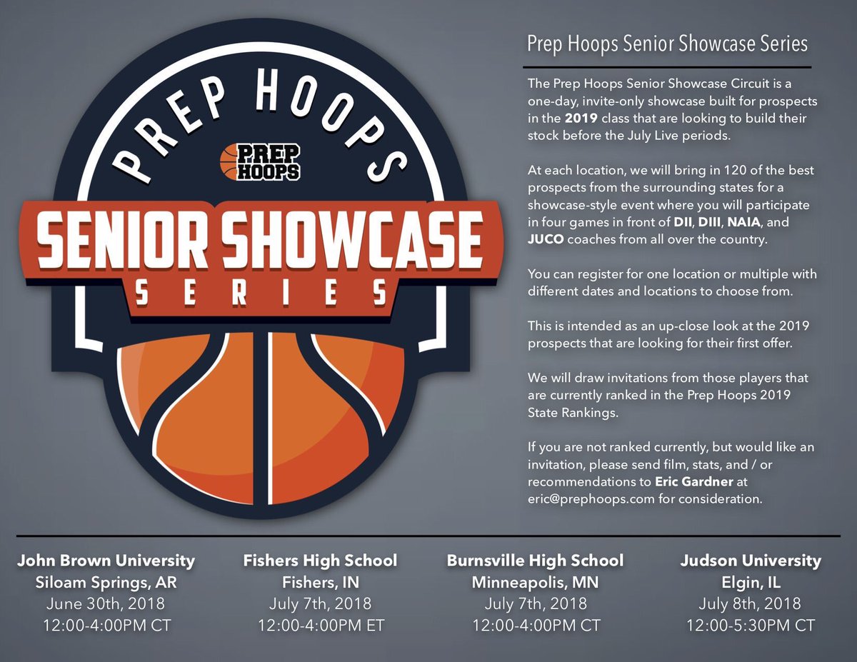 If you’re in the Class of 2019 interested in taking part in the Senior Showcase Event please DM the @PrepHoops_SSS account, @INPrep, or myself. Spots are filling up and we are gearing up for a great 4 events. Questions? DM or email us!