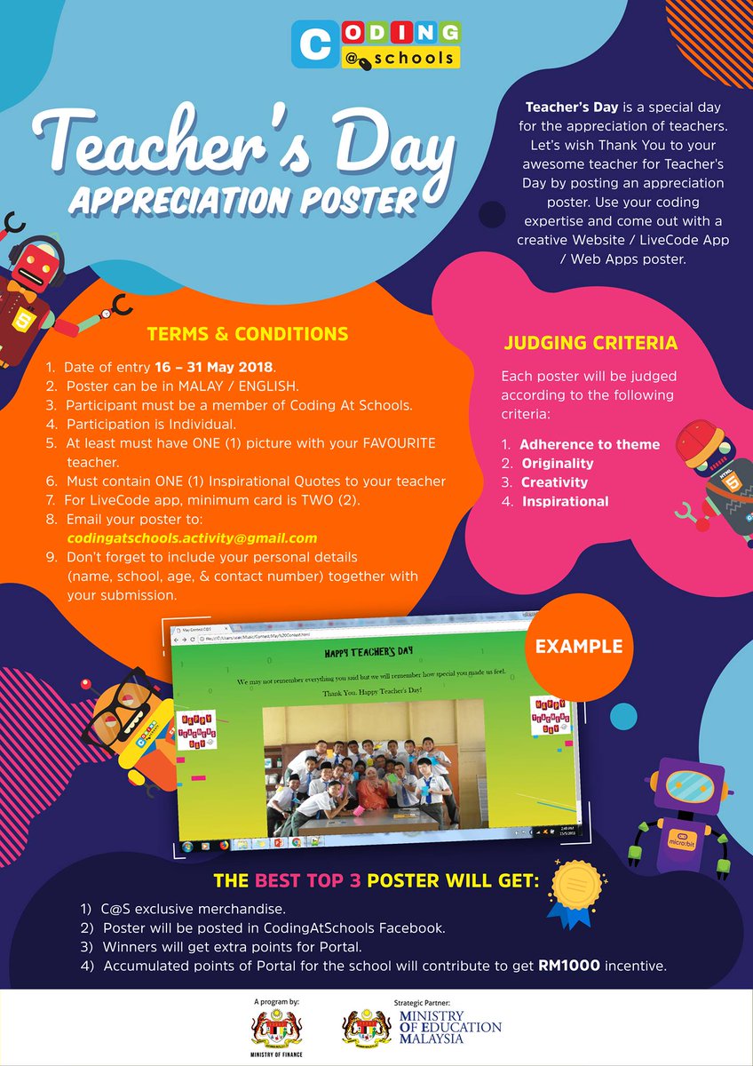 codingatschools's tweet image. Hi Coders,

Let&apos;s wish Thank You to your awesome teacher for Teacher&apos;s Day by posting an appreciation poster. *For more details, please refer to the poster on how to participate the contest

Go... Go... Go Coders!!! #codingatschools #codingatschools2018 #teacherday