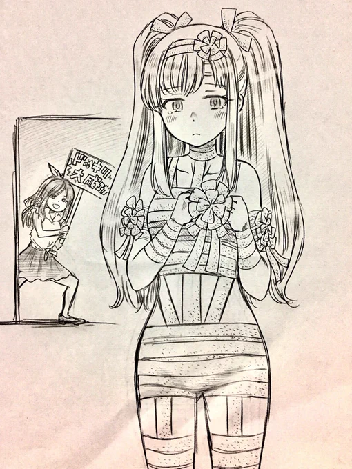 試練の続き
楽屋にドッキリ看板持って飛び込んで行こうとしたら霧子が思いのほか包帯でテクっていたため機を逃す恋鐘 