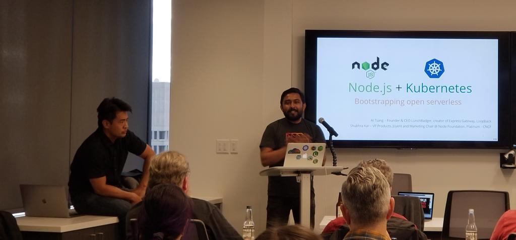 setfloat's tweet photo. Shubhra Kar and Al Tsung presenting at @SeattleNode. Node.js + Kubernetes https://t.co/ORFIsxbSCb