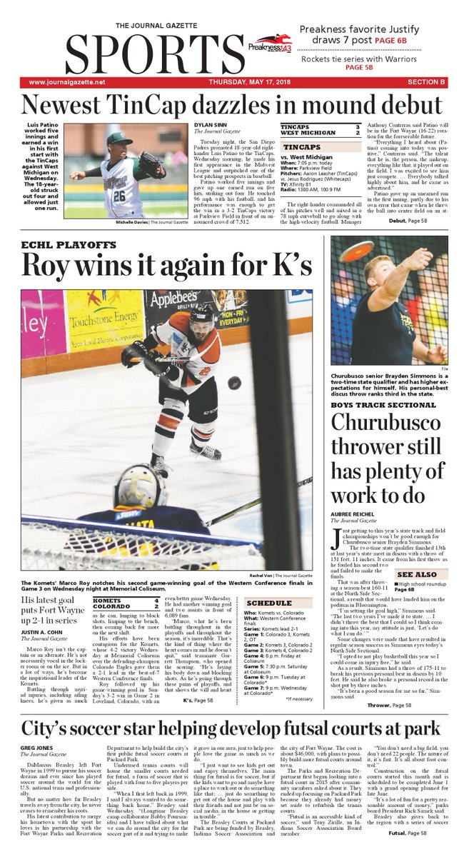 The Komets taking a 2-1 series lead in the Western Conference finals dominates the front page of today's sports cover.