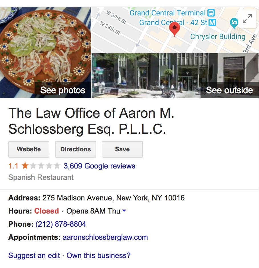 FeldmanAdam's tweet photo. Extra points to whoever changed the Google info for Aaron Schlossberg's company to "Spanish restaurant" https://t.co/sX4xUyd8H6