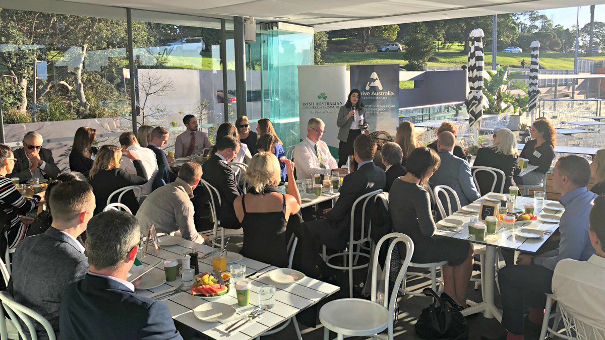 IrishChamber's tweet photo. Another packed house at the Poolside Cafe this morning for our May #Networking Breakfast. This morning our community partners took centre stage with contributions from @SydRoseOfTralee @Irish_Support @SydneyStPatsDay @IrelCall. Thanks to event partner @ArriveAustralia #IACCevent https://t.co/49ZKsaKJNM
