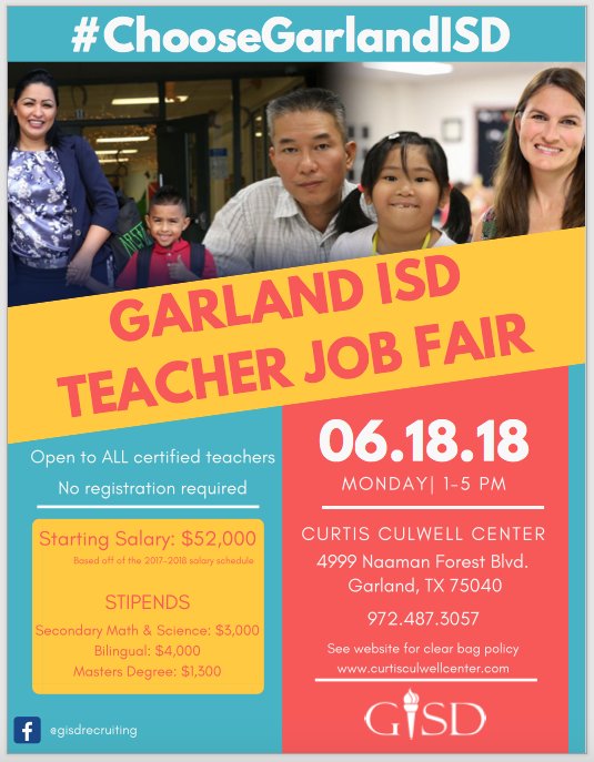 Garland ISD is hosting a teacher job fair on June 18th from 1p-5p at the Curtis Culwell Center (4999 Naaman Forest Blvd. Garland, TX 75040). <a href="/TWUTeacherEd/">TWUTeacherEducation</a> #ChooseGarlandISD