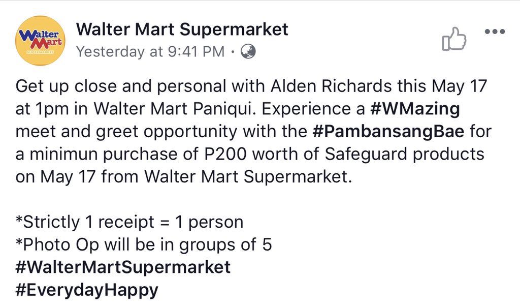 SimplyALDENofcl's tweet photo. Today’s the day for those in Tarlac! Get a chance to be up close and meet @aldenrichards02 as he visits Walter Mart in Paniqui, Tarlac with @Safeguard_PH 😊 

Have fun SimplyALDEN Tarlac!😉

#SafeguardMGwithALDEN https://t.co/WqYsziQb32