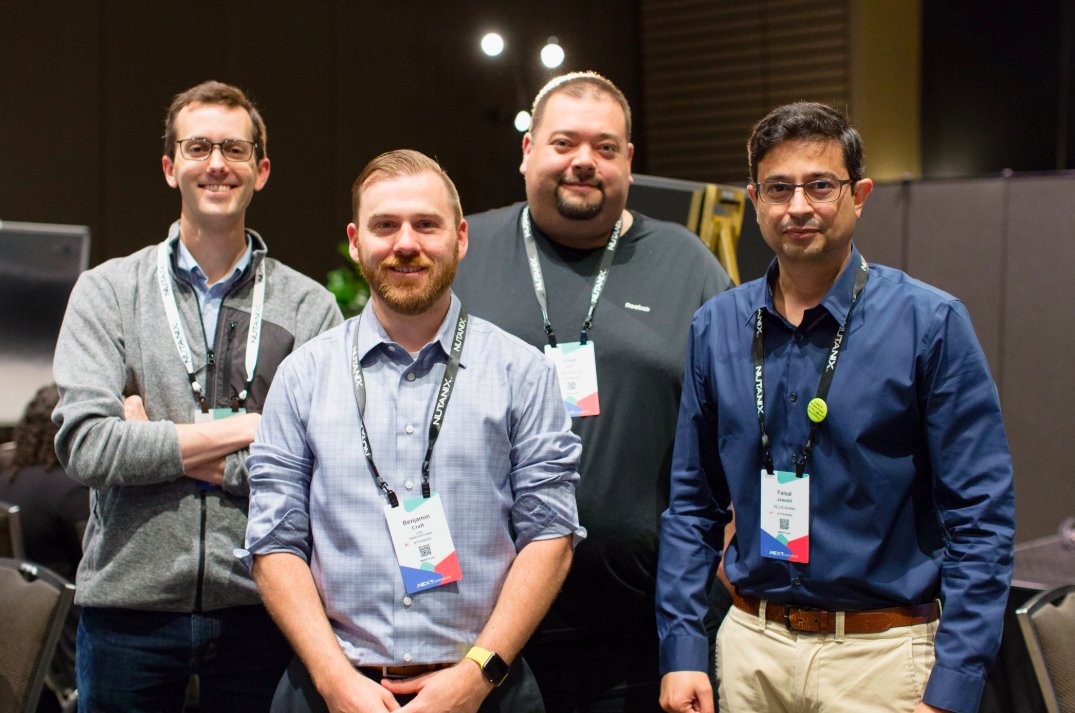 nutanix's tweet photo. Behold: the #NEXTconf hackathon winners looking ultra-fierce.
How did they win? They designed a workflow to initiate #Nutanix cluster rest API calls from a certain popular smartwatch brand -- letting them manage their clusters from anywhere.
#HackOn #Hackathon #HackItGood https://t.co/iP3A88i1Lj