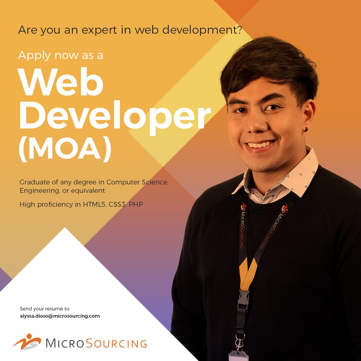 Join_MS's tweet photo. #NowHiring Web Developer (MOA)

Send your resume to alyssa.dioso@microsourcing.com https://t.co/TdGmA3trUG