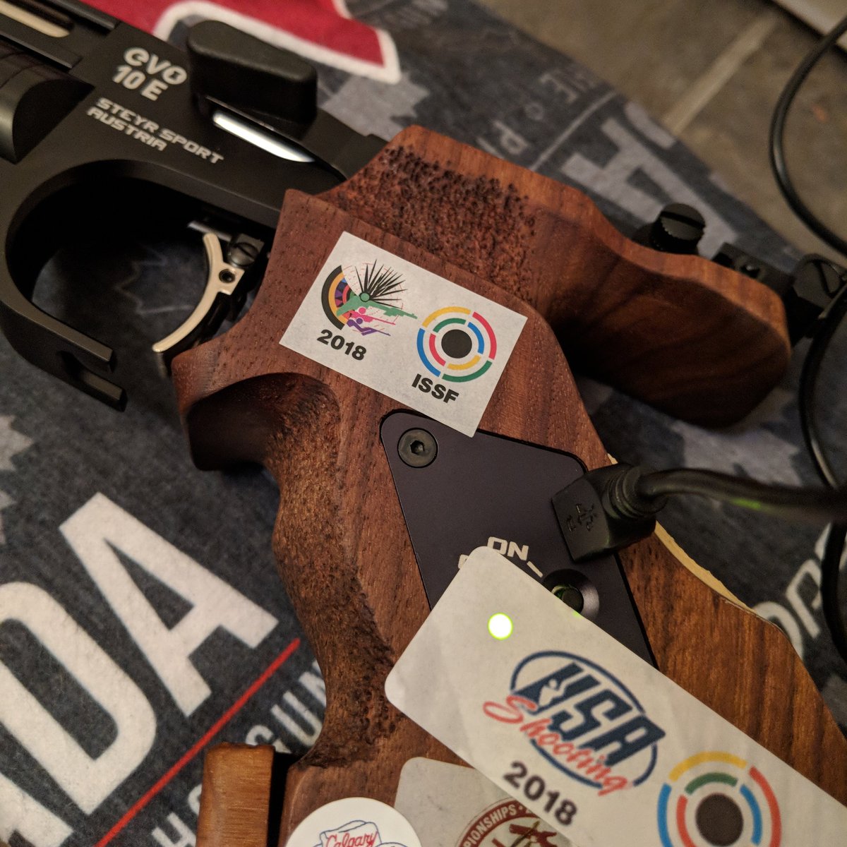 allanharding's tweet photo. Steyr Evo 10E.. yes it has USB charging! Getting ready for Canadian High Performance Team Trials this weekend. #electronictrigger #steyr #evo10e #issf_shooters #issf https://t.co/DC40tSFVyk