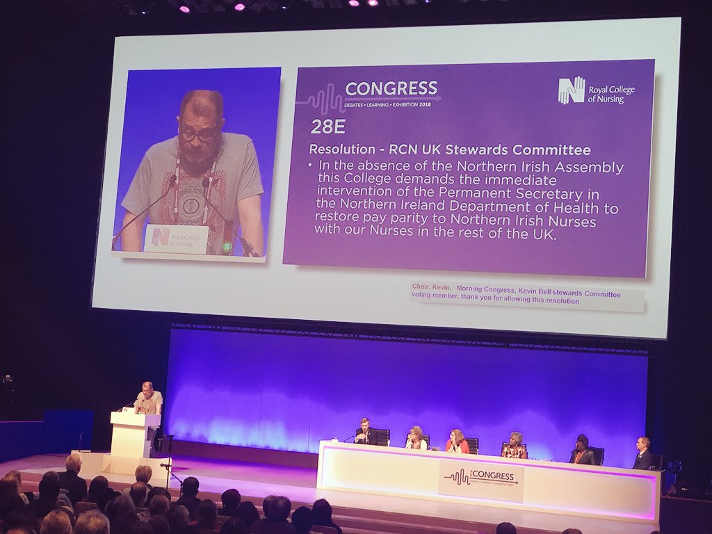 Roeman59's tweet photo. Kevin Bell, RCN UK Stewards Committee and @WesternHSCTrust  Trade Union Secretary contributing to debate on closing pay gaps in NI #RCN18 @RCN_NI https://t.co/FhHxbSA2gG