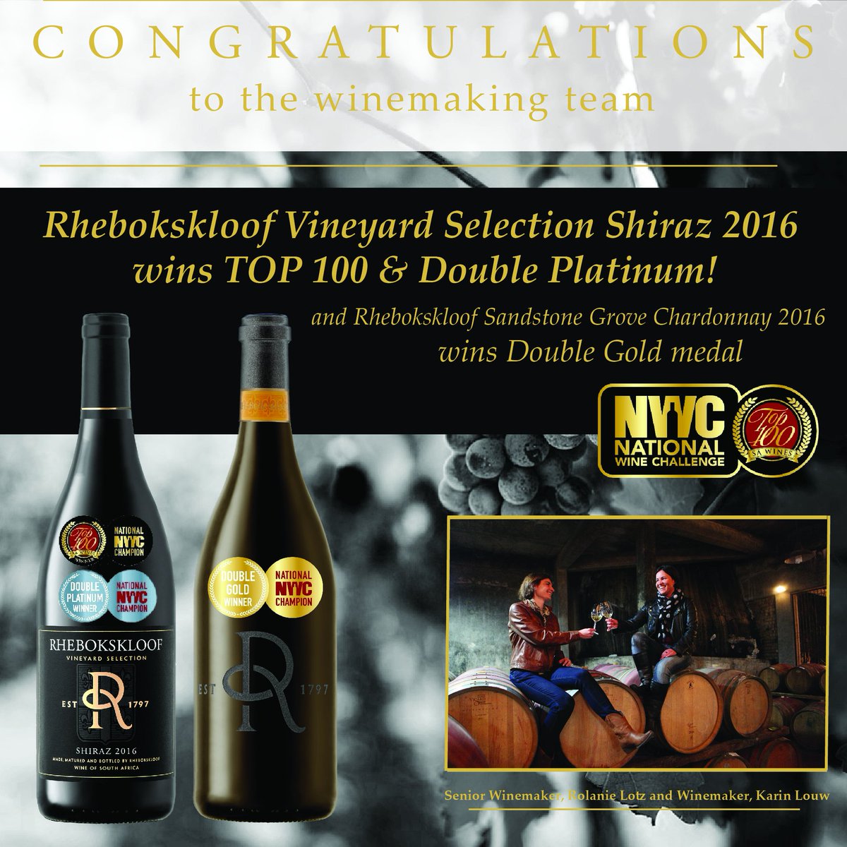 rhebokskloof's tweet photo. Rhebokskloof Vineyard Selection Shiraz 2016 wins TOP 100 &amp; DOUBLE PLATINUM award, and Rhebokskloof Sandstone Grove Chardonnay 2016 wins DOUBLE GOLD award at the National Wine Challenge! 
Congratulations to our winemaking team!
@paarltourism @ShowMePaarl https://t.co/6PmViO7ou4