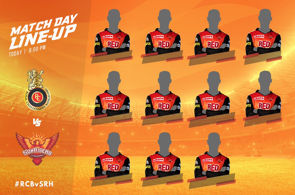SunRisers's tweet photo. What should be the Playing XI for the Southern Clash tonight? Tweet us your guesses, correct entries can win signed Fan jerseys from #OrangeArmy
Contest only applicable on SRH Twitter page. Guesses made before the coin toss will only be considered.
#RCBvSRH #IPL2018 https://t.co/nquHT6pXhH