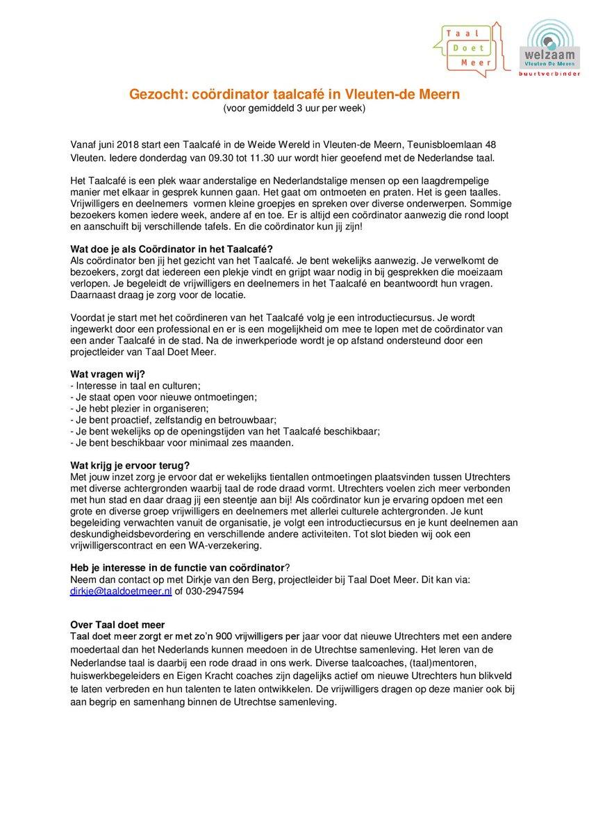 Er komt een TAALCAFÉ in #Vleuterweide <a href="/BC_Weidewereld/">Buurtcentrum WeideWereld</a> . We zijn daarom ook op zoek naar een Coördinator Taalcafé! Ben jij dat of ken je iemand dit leuk vindt? We willen graag al in juni starten 👏