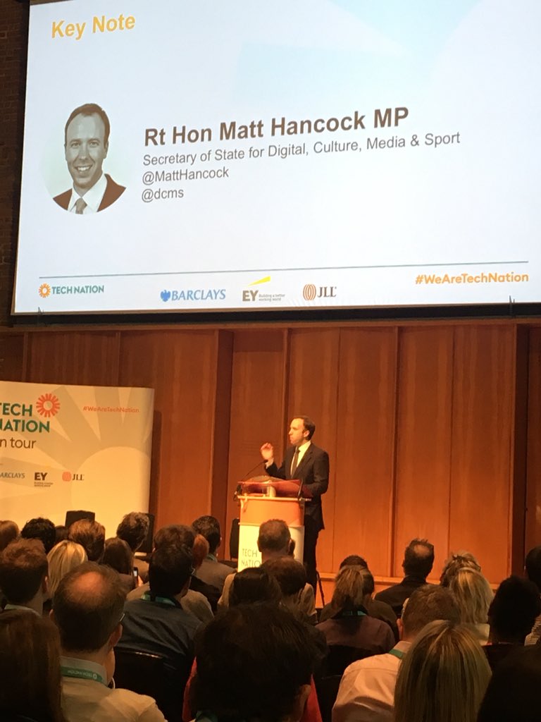 TheDearFairy's tweet photo. Great speech from @MattHancock today launching #TechNation2018 #WeAreTechNation.  Glad to see that tech is still leading the way forward and that we are the no 1 place in the world for AI too. https://t.co/kdig32ZvP0