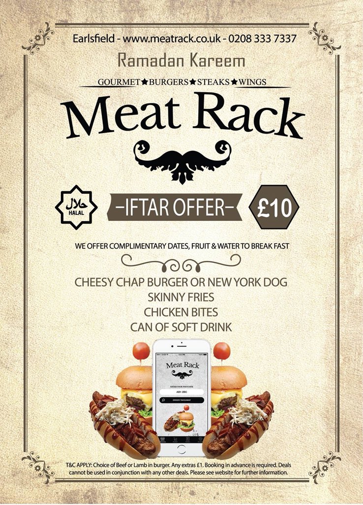 meatrackuk's tweet photo. Ramadan Mubarak from Meat Rack Family This year we will be running our special Ramadan meal deal, please remember its first come first serve. It would be best to book in advance. 
#meatrackuk #burgers #ramadan #steaks #hotdogs #london #tooting #halal https://t.co/uRZe4NwivQ