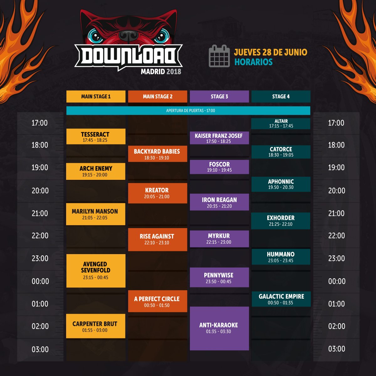 DownloadFestMad's tweet photo. ¡Prepara la agenda para cuadrar tus horarios del festival! 🖊 Quedan sólo 41 días para disfrutar de nuevo de Download Festival Madrid… 🤘 https://t.co/AKVTS2TUBX
