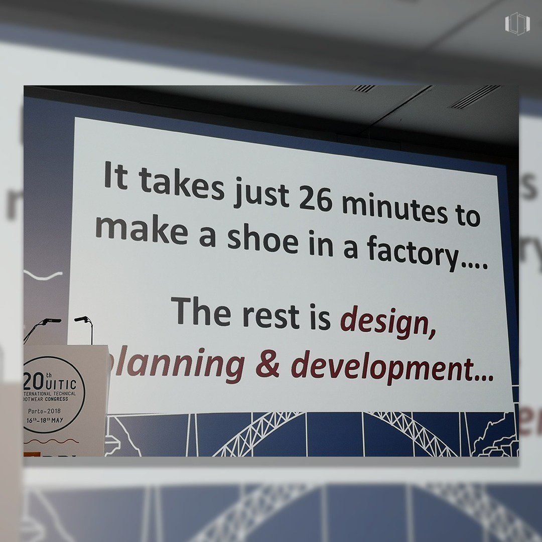 ELSECorp's tweet photo. Nice to know: it takes 26 minutes to make a shoe in a factory, the rest is #design #planning & #development... @FDRA at #UITIC Porto 2018: the 20th International Technical #Footwear Congress https://t.co/itGcRSTG22