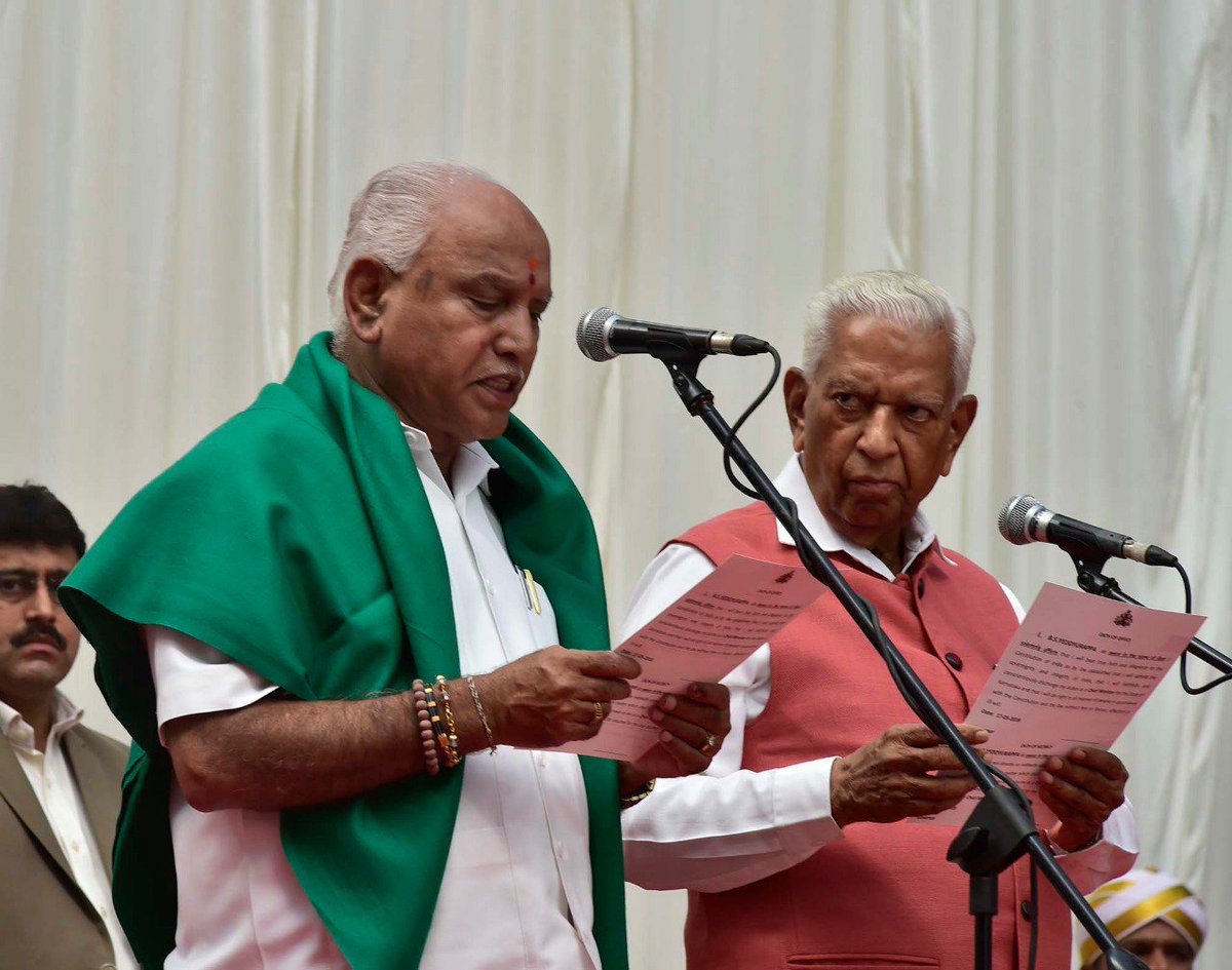 BSYBJP's tweet photo. ಕರ್ನಾಟಕದ ಮುಖ್ಯಮಂತ್ರಿಯಾಗಿ ರೈತರ ಹೆಸರಿನಲ್ಲಿ ಪ್ರಮಾಣವಚನ ಸ್ವೀಕರಿಸಿದ್ದೇನೆ. ನೀವು ನಮ್ಮ ಮೇಲೆ ವಿಶ್ವಾಸವಿಟ್ಟು ಮತ ಚಲಾಯಿಸಿದ್ದರಿಂದ ಇದು ಸಾಧ್ಯವಾಗಿದೆ. ರಾಜ್ಯವು ಪ್ರಗತಿಪಥದಲ್ಲಿ ಸಾಗಬೇಕೆಂಬ ನಿಮ್ಮ ಆಕಾಂಕ್ಷೆಯನ್ನು ನಿಜ ಮಾಡುವುದು ನಮ್ಮ ಹೊಣೆ. ಎಂದಿನಂತೆ ನಮ್ಮ ಜೊತೆಗಿರಿ. ನಿಮ್ಮ ಕನಸುಗಳನ್ನು ನನಸಾಗಿಸುತ್ತೇವೆ. ಧನ್ಯವಾದಗಳು. https://t.co/js75wQpnsD