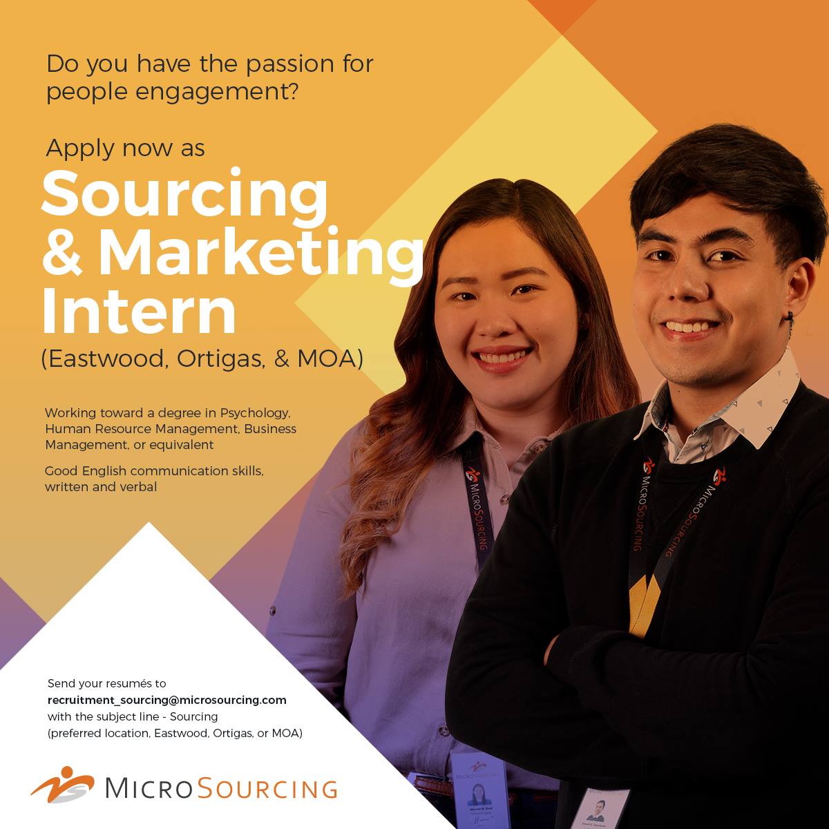 Join_MS's tweet photo. #NowHiring Sourcing &amp; Marketing Intern (Eastwood, Ortigas, and MOA)

Send your résumés to recruitment_sourcing[at]https://t.co/Ap9MZFgxBk with the subject line - Sourcing (preferred location, Eastwood, Ortigas, or MOA) https://t.co/c3gPnhnRJn