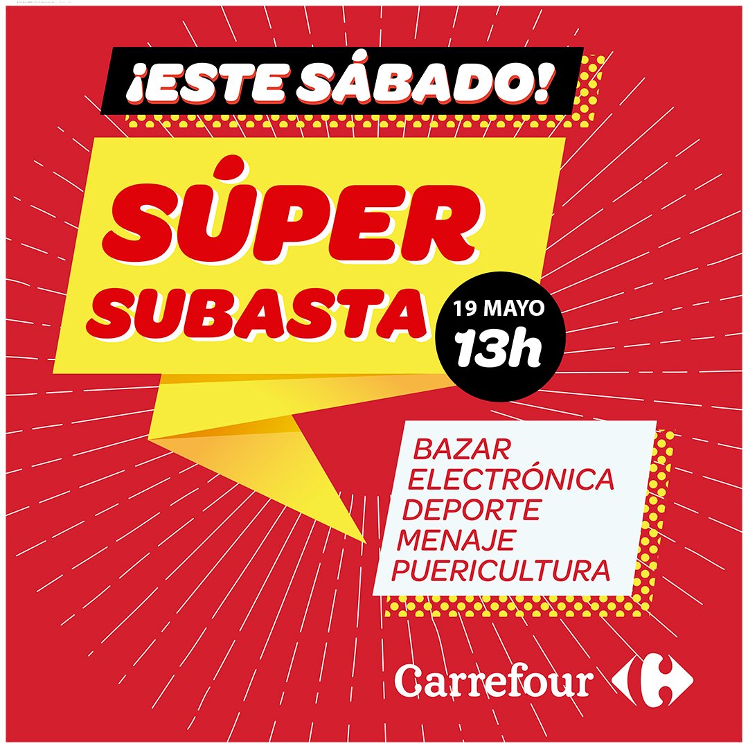 CarrefourES's tweet photo. ⚠ OJO ⚠ 
Este próximo sábado no será un sábado cualquiera en nuestro hiper de Las Arenas (Las Palmas), ¡porque tendremos subasta de artículos con precios de locura! 

¡Te esperamos! 👏👏 https://t.co/w4KWSH9Tcz