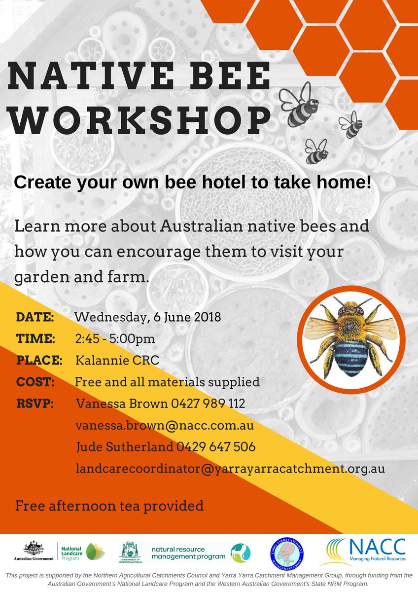 NACC_NRM's tweet photo. After our hugely successful #NativeBeeHotel Workshop in #JurienBay a few months ago, we have decided to host a second event!

RSVP to book your spot and head to #Kalannie on June 6.

See you there! https://t.co/0mxyQR4E8M