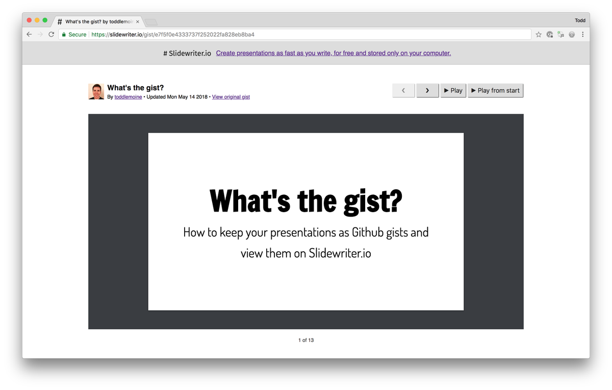 slidewriterio's tweet photo. We're updated! Export your presentations to save or share as a Github #Gist. Plus, fixed emojis on Windows (sorry!), added page up/down as navigation keys, and show you where your data is saved. https://t.co/XIt6dnjxiO