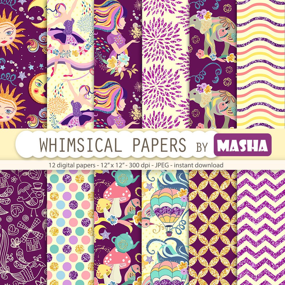 Fantasy papers: &quot;WHIMSICAL DIGITAL PAPERS&quot; with whimsical pattern, elephant digital paper, ballerina pattern, 12 images #whimsical #digitalpaper #whimsicalpatterns #whimsicalbackground #whimsicalpattern #purple #print #digital #art #etsy etsy.me/2wIOCSK