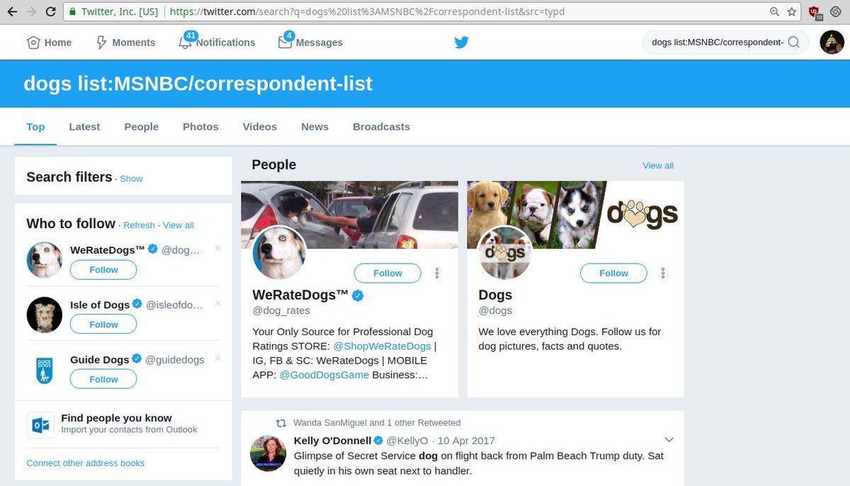 This is for searching for tweets from people on a list.dogs list:MSNBC/correspondent-listThis one you would just want to bookmark after you search it or add it to a saved search. You have to manually go to the profile to find the list name to set it up. Name is in URL.