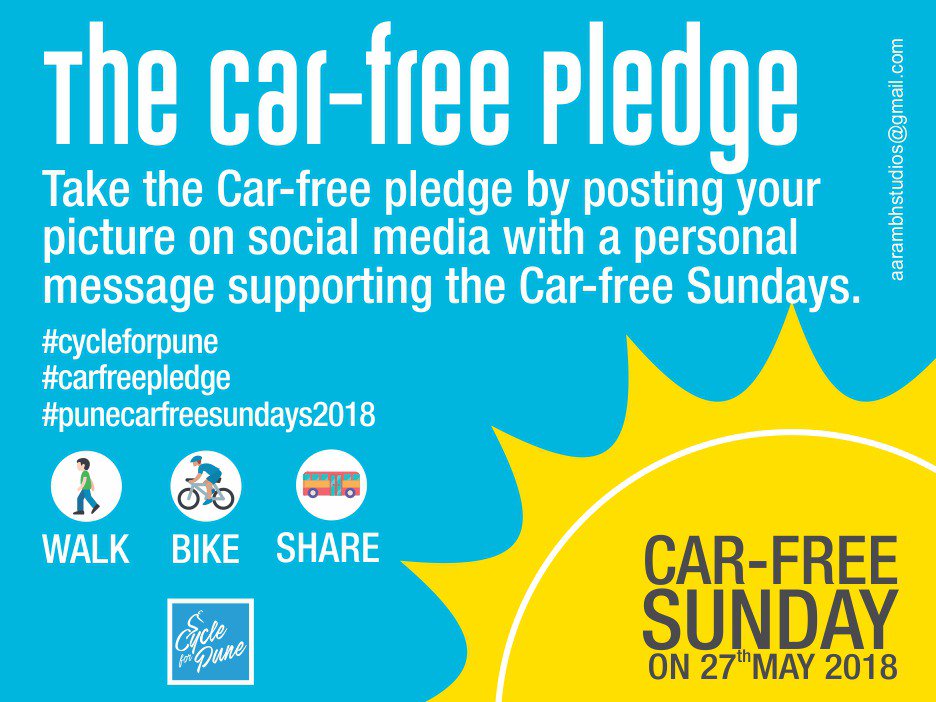 Infinity7476's tweet photo. Take the car-free pledge and challenge your friends to take the pledge as well. Go car-free on Sunday 27th May. #chainreaction #carfree #punecarfreesundays2018 #cycleforpune @YuluBike @ofoIndia @mobycy @PuneCityPolice @SmartPune @parisarpune https://t.co/X6ffJRaIkG