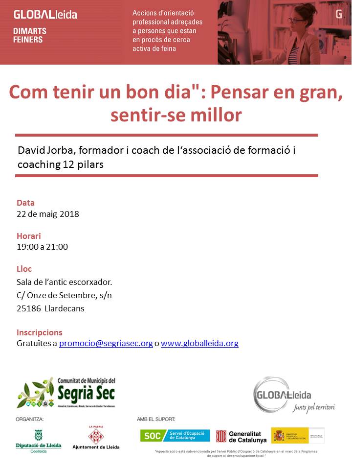 Segria_Sec's tweet photo. El proper dimarts tenim una nova cita amb els #Dimartsfeiners a #Llardecans. Seguirem amb les sessions de coaching, i aquesta vegada ho farem amb el formador @davidjorba.
T'ho perdràs? https://t.co/IovxxiqMs0