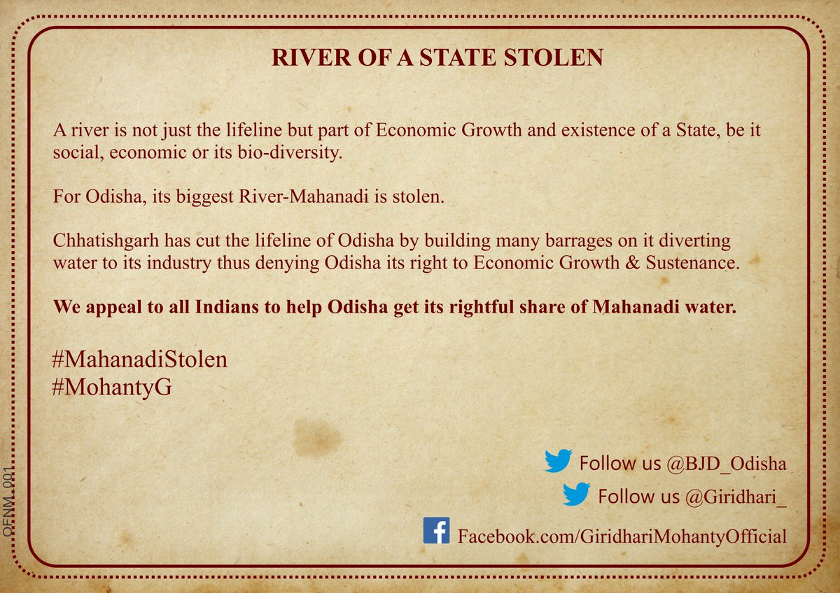 Giridhari_'s tweet photo. RIVER OF A STATE STOLEN
We appeal to all Indians to help Odisha get its due share of Mahanadi water
#MahanadiStolen
@BJD_Odisha
@Naveen_Odisha
@CMO_Odisha
@PMOIndia
@TOIIndiaNews 
@htTweets 
@IndianExpress 
@ttindia 
@sambad_odisha 
@kanak_news 
@NakshatraTv 
@abpnewstv 
@ndtv https://t.co/cH23VhC5R8