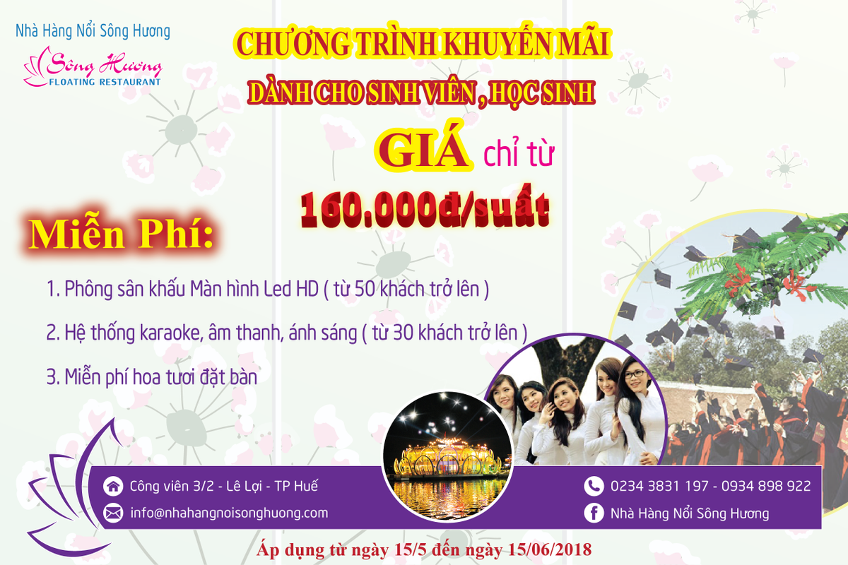 SongHuong2020's tweet photo. Song Huong Floating Restaurant 
Add: 3/2 Park - Le Loi Street - Hue City - VietNam
Tell: 0234.3831.197 - 0934.898.922
Email: info@nhahangnoisonghuong.com
Website: https://t.co/DE7Ftr8LS0
Facebook: Song Huong Floating Restaurant https://t.co/X2Gw5hBVAk