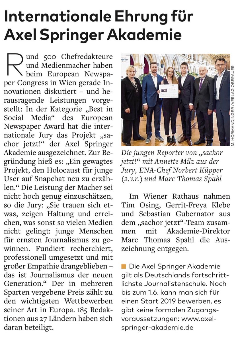 as__academy's tweet photo. Eine Meldung heute in der @welt @weltkompakt, über die wir uns sehr freuen! Der European Newspaper Award in der Kategorie Social Media für das @axelspringer Holocaust-Projekt @sachorjetzt. Danke @ENC_Vienna @AnMilz @nkuepper #ENC18 #Team20 https://t.co/8YJS20AW9z https://t.co/du3SuNCXqf