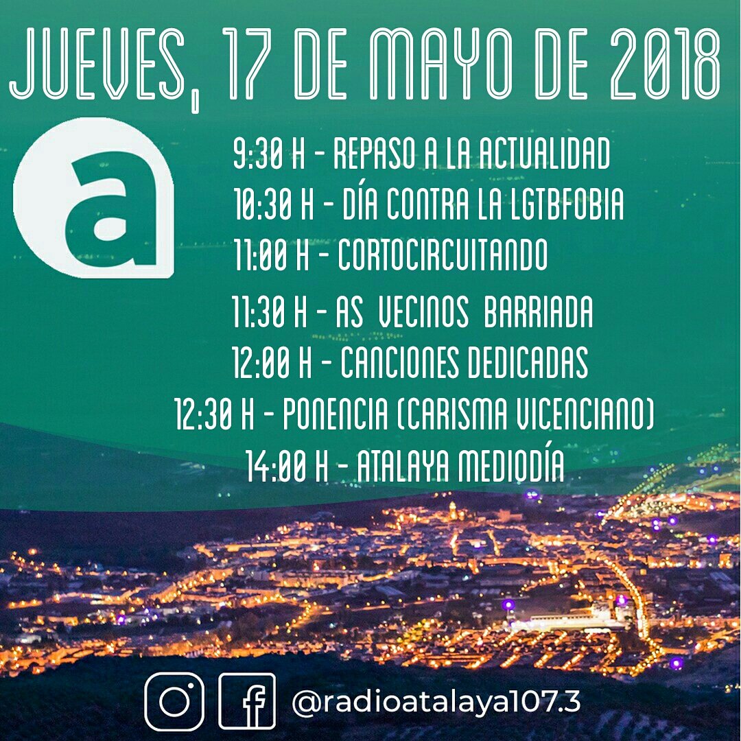 RAtalaya_Cabra's tweet photo. Programación de hoy, 17 de mayo
#programacion
#radio
#radioatalaya📻 
#magazine
#noticias
#actualidad
#journalism 
#informacion
#laradiomola https://t.co/uVsOkZSp2e