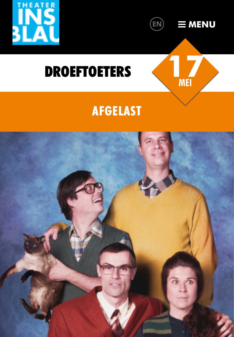 oeloek's tweet photo. Met pijn in ons hart moeten we de voorstelling van vanavond @TheaterInsBlau ook cancellen. We balen hier uiteraard zelf ook ontzettend van. We hopen Droeftoeters snel een andere keer voor jullie te mogen spelen. Sorry lieve mensen... https://t.co/7LPVtQu7bh