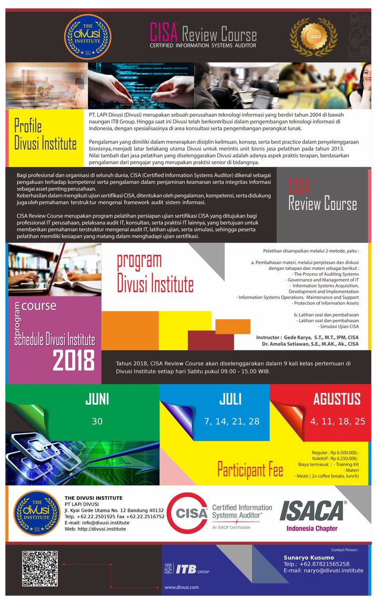 CISA Review Course mrpkn program pelatihan persiapan ujian sertifikasi CISA yg ditujukan bg profesional IT perusahaan, pelaksana audit IT, konsultan, serta praktisi IT lainnya. Selengkapnya di institute.divusi.co.id/cisa-review-co… #cisa #isaca #isacaid #isacaindonesia