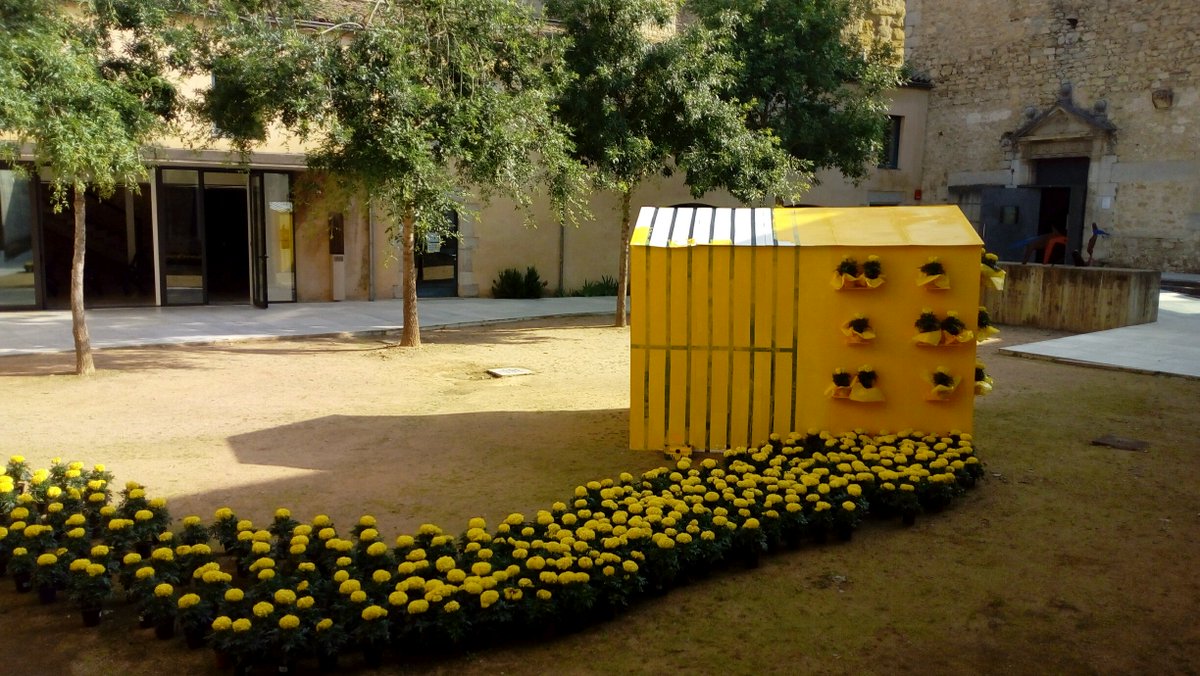 univgirona's tweet photo. La instal·lació que la #udgent de Publicacions ha presentat per #TempsdeFlors al pati de les Àligues, el projecte #Usvolemacasa, ja està quasi tota pintada de groc pels visitants! També deixen el seu testimoni a la llibreta groga. 

#ciutatuniversitària

#udgflors https://t.co/NPGmFriCgI