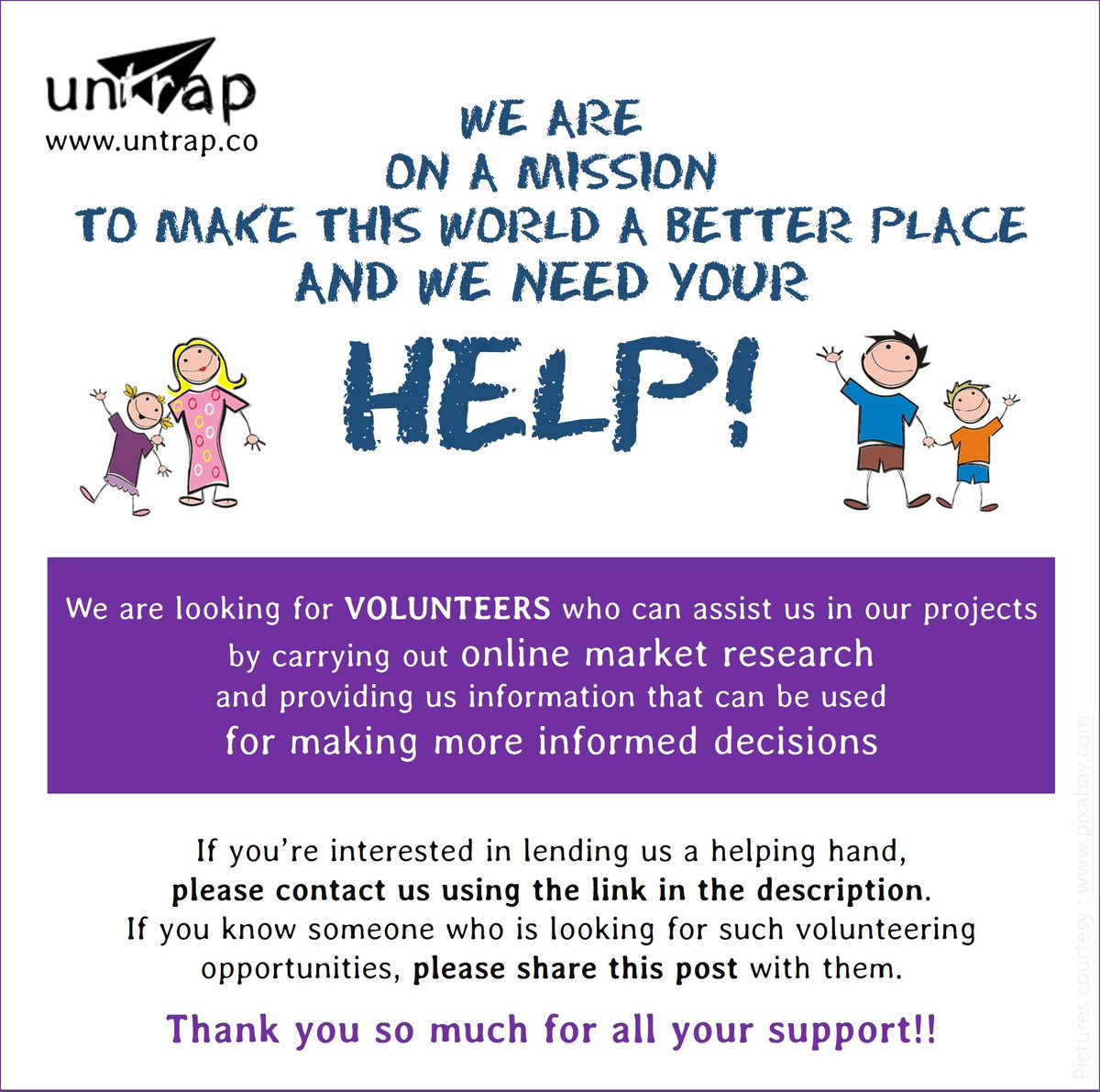 untrap_co's tweet photo. We are looking for #volunteers who can assist us in our #projects by carrying out #online #market #research & providing us information for making more informed #decisions. If interested, please #contact us using the registration form on https://t.co/nJviMy1L4q
#untrap #volunteer https://t.co/Zy2wa8yh6F