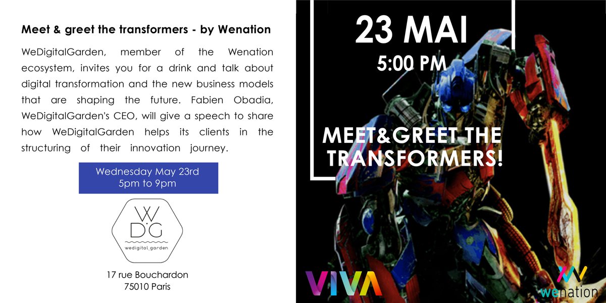 [EVENT] <a href="/WeDigitalGardn/">WeDigitalGarden</a> has the pleasure to invite you to its #VivaTech Side Event alongside the <a href="/Wenation_/">Wenation</a> community! Come and meet the members of the ecosystem to share about the #DigitalTransformation that shapes our future. Get your free ticket here > bit.ly/2Gr9760