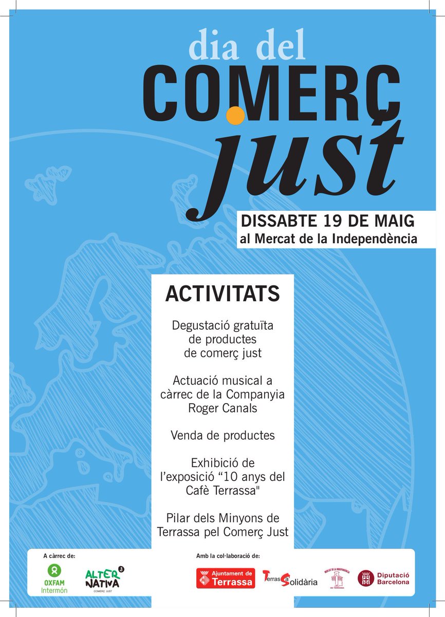 Solidaritat_Int's tweet photo. Aquest dissabte el comerç just us espera al Mercat de la Independència!!!! us hi esperem! #ComerçJust #Terrassa @alternativa3 @OxfamIntermon @MercatIndep @Minyons @ajterrassa @010terrassa @TerrassaComerc #ComerçJustTrs #ComercioJusto #SomComerçJust #SomosComercioJusto https://t.co/RR3Yu5uxvV