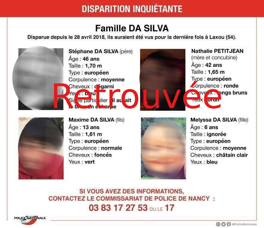 PoliceNat54's tweet image. Fin d'#AvisDeRecherche. Les Parents et les 2 enfants de la Famille DA SILVA ont été retrouvés sains et saufs. Merci à vous tous pour les partages et votre vigilance.