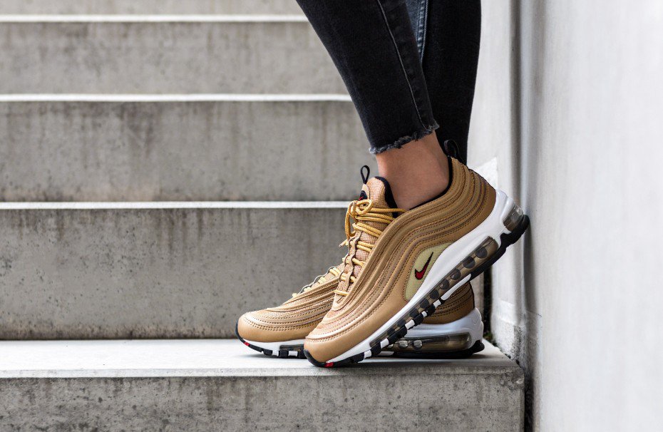 gold air max 97 on feet